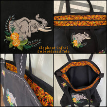 Load image into Gallery viewer, Safari Elephant Embroidered Black Canvas Tote Bag w/Zipper
