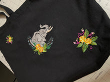 Load image into Gallery viewer, Safari Elephant Embroidered Black Canvas Tote Bag w/Zipper
