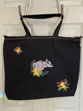 Load image into Gallery viewer, Safari Elephant Embroidered Black Canvas Tote Bag w/Zipper
