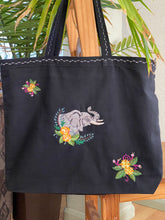 Load image into Gallery viewer, Safari Elephant Embroidered Black Canvas Tote Bag w/Zipper
