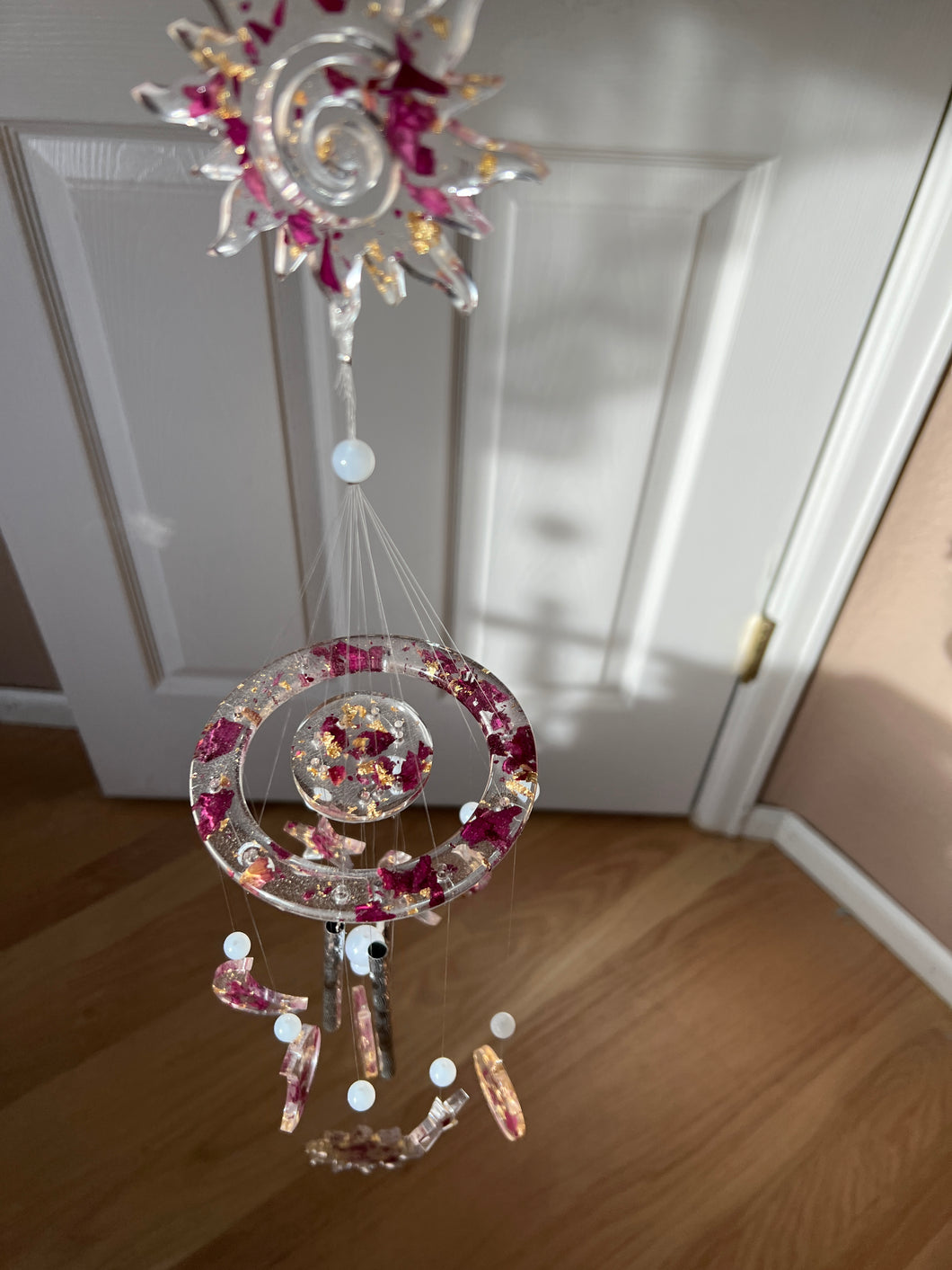 Sun & Moon Sun Catcher / Wind Chime Roses & Gold Leaf