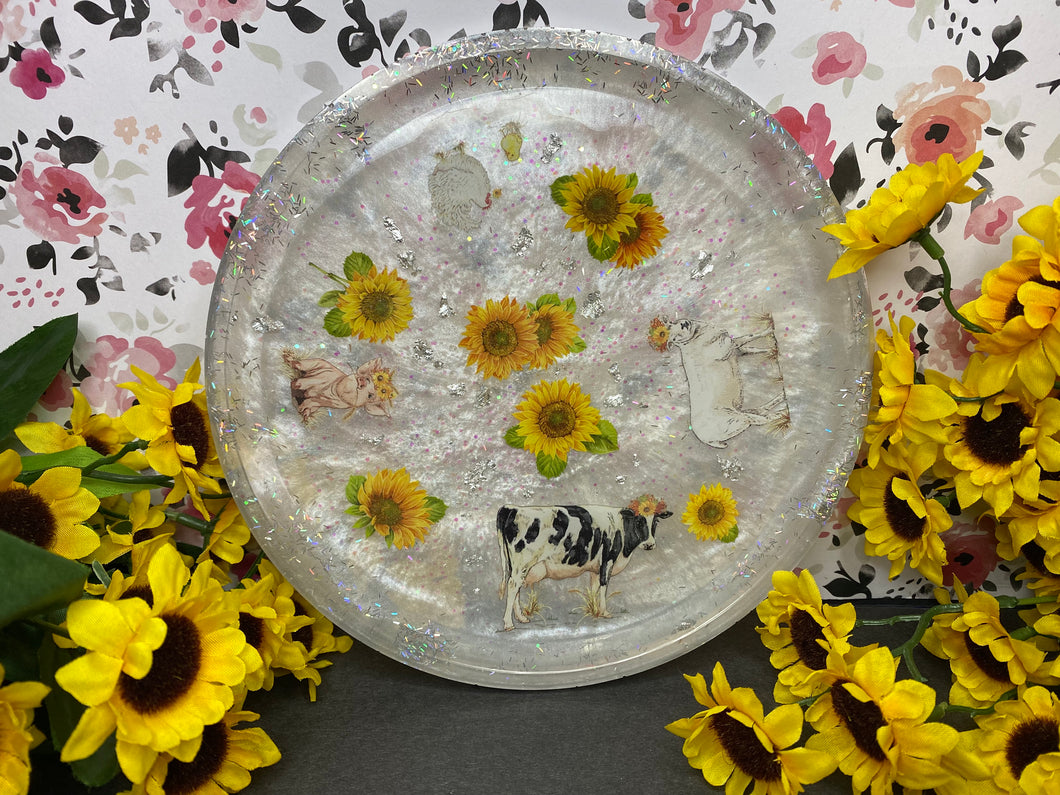 Farm Animal Sunflower beveled resin tray