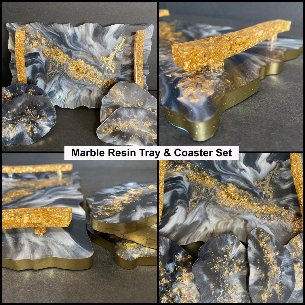 Marble Styled Medium Tray & Coasters Resin, Resin Tray, Tray and Coaster, Handled Tray and Coasters, Marble Coasters