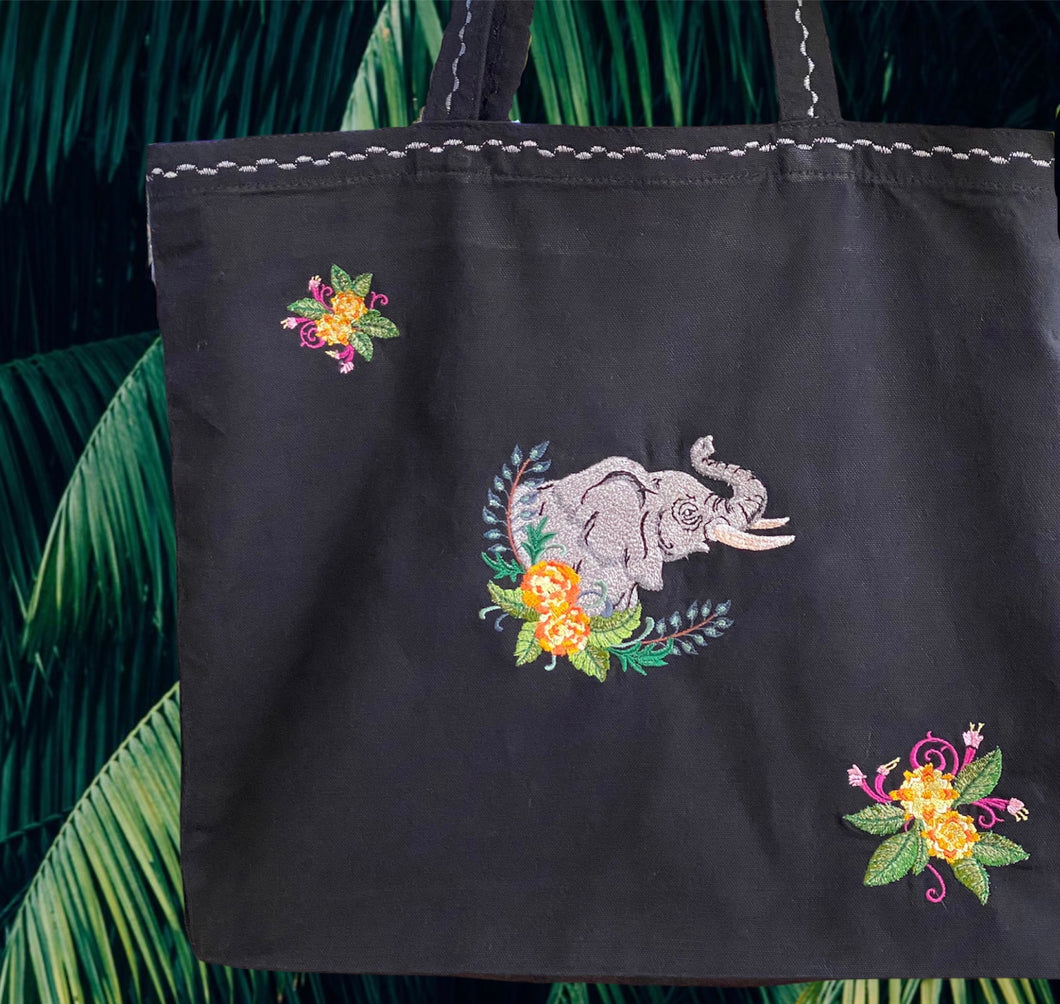 Safari Elephant Embroidered Black Canvas Tote Bag w/Zipper